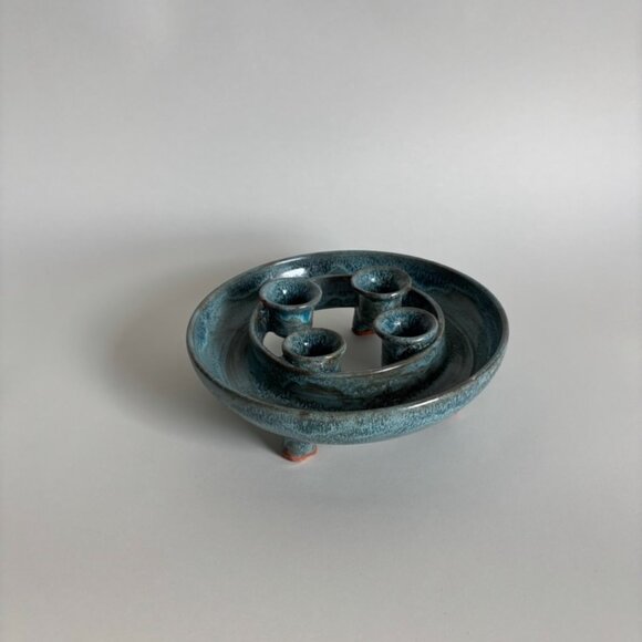 Vintage Handmade Aqua Blue Ceramic 4 Candlestick Holder | Candelabra - Picture 4 of 5